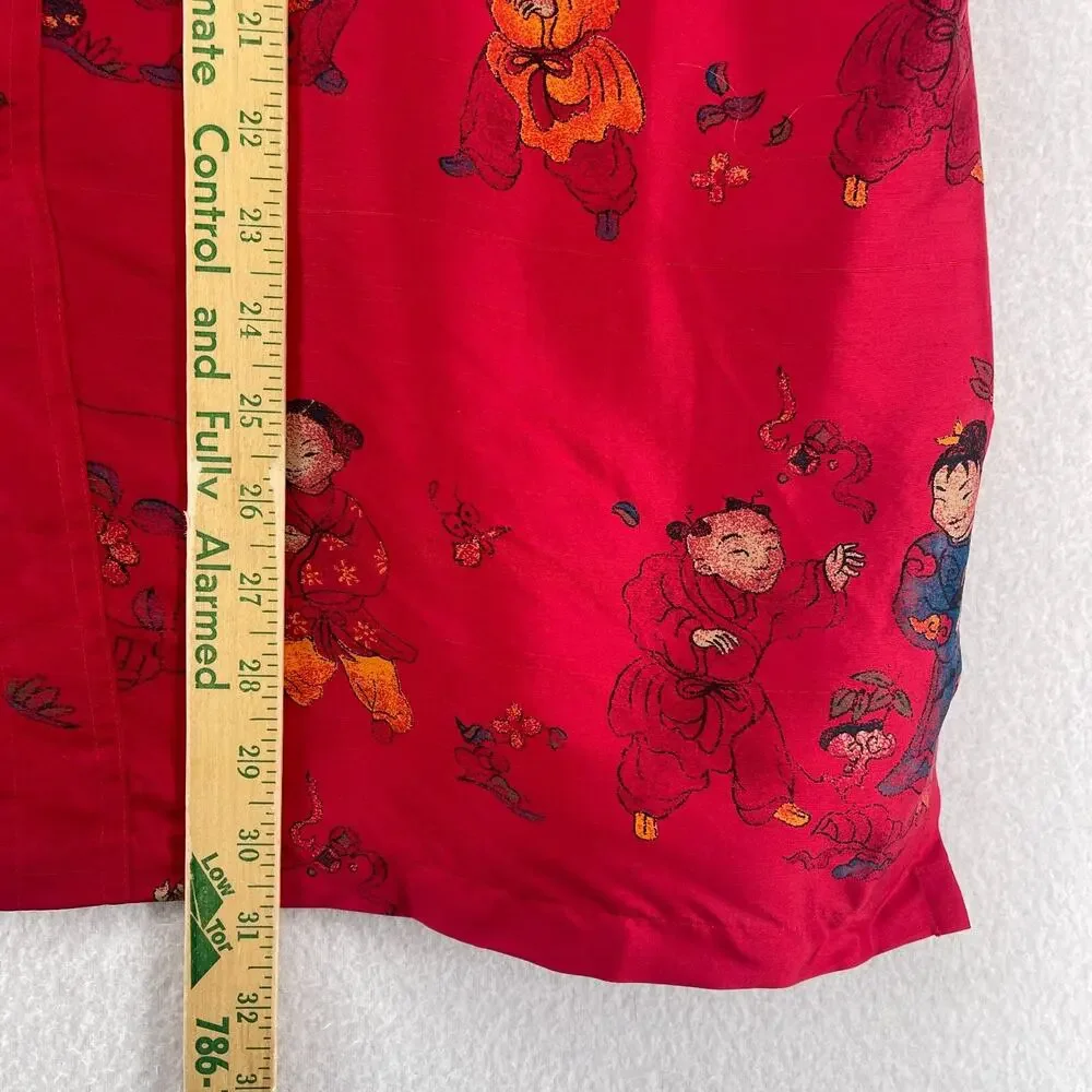 CHICOS Blouse 3 XL Asian Chinese Print Silk Satin Mandarin Collar Button Up Red_10